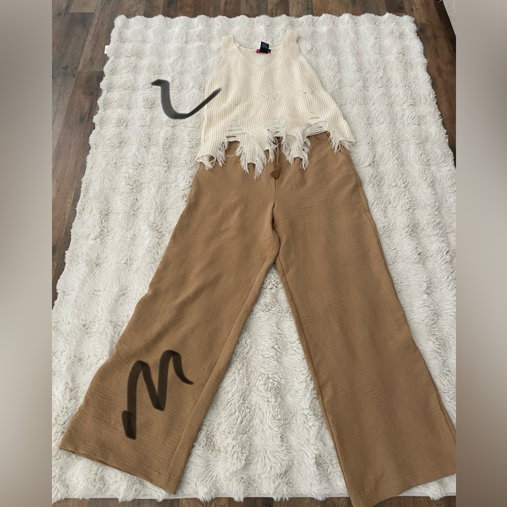Cream Fringe Crop Top and Tan Wide-Leg Pants